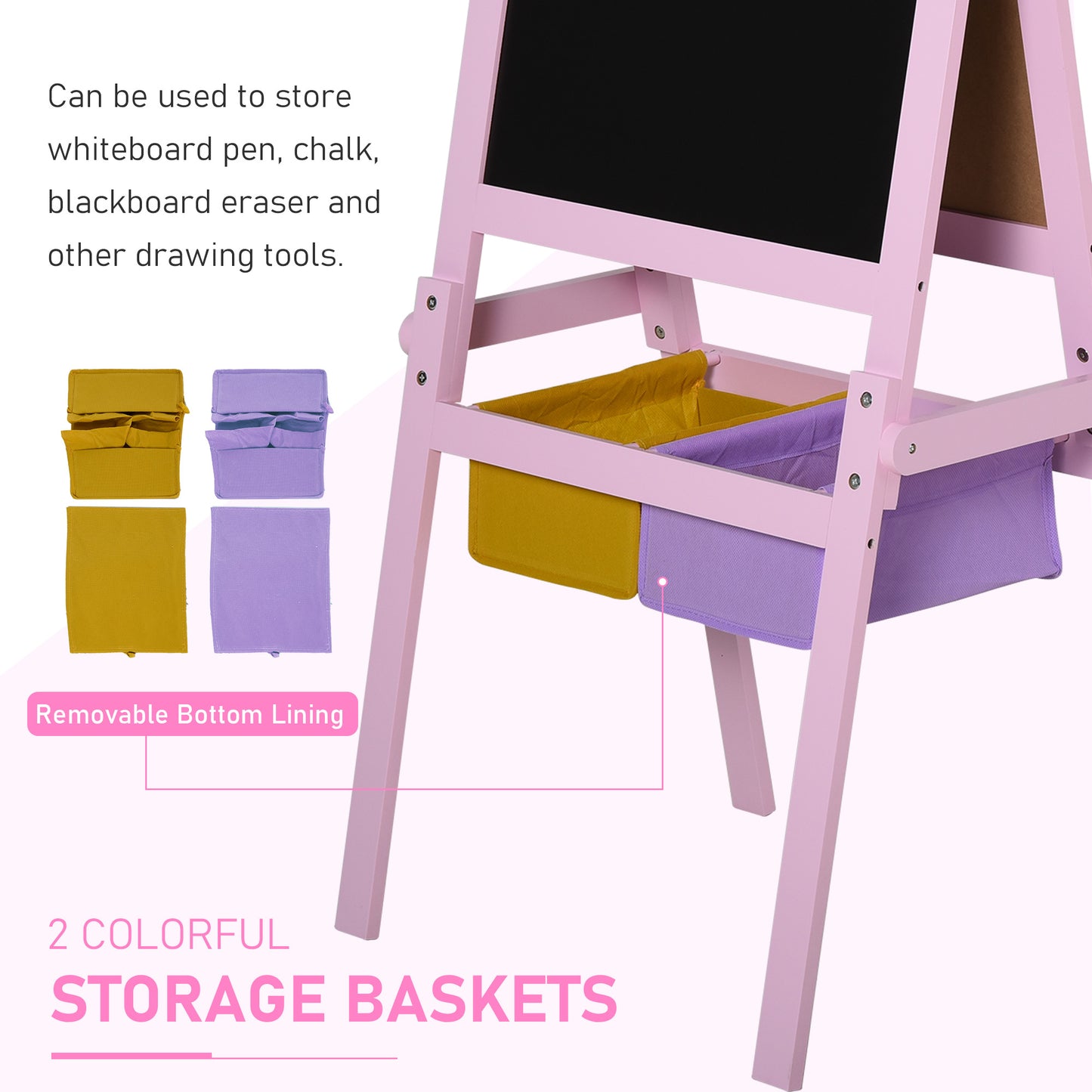 Kids Easel 3 in 1 Wooden Art Easel with Paper Roll Double-Sided Chalkboard & Whiteboard with Storage Baskets for Toddler Girl