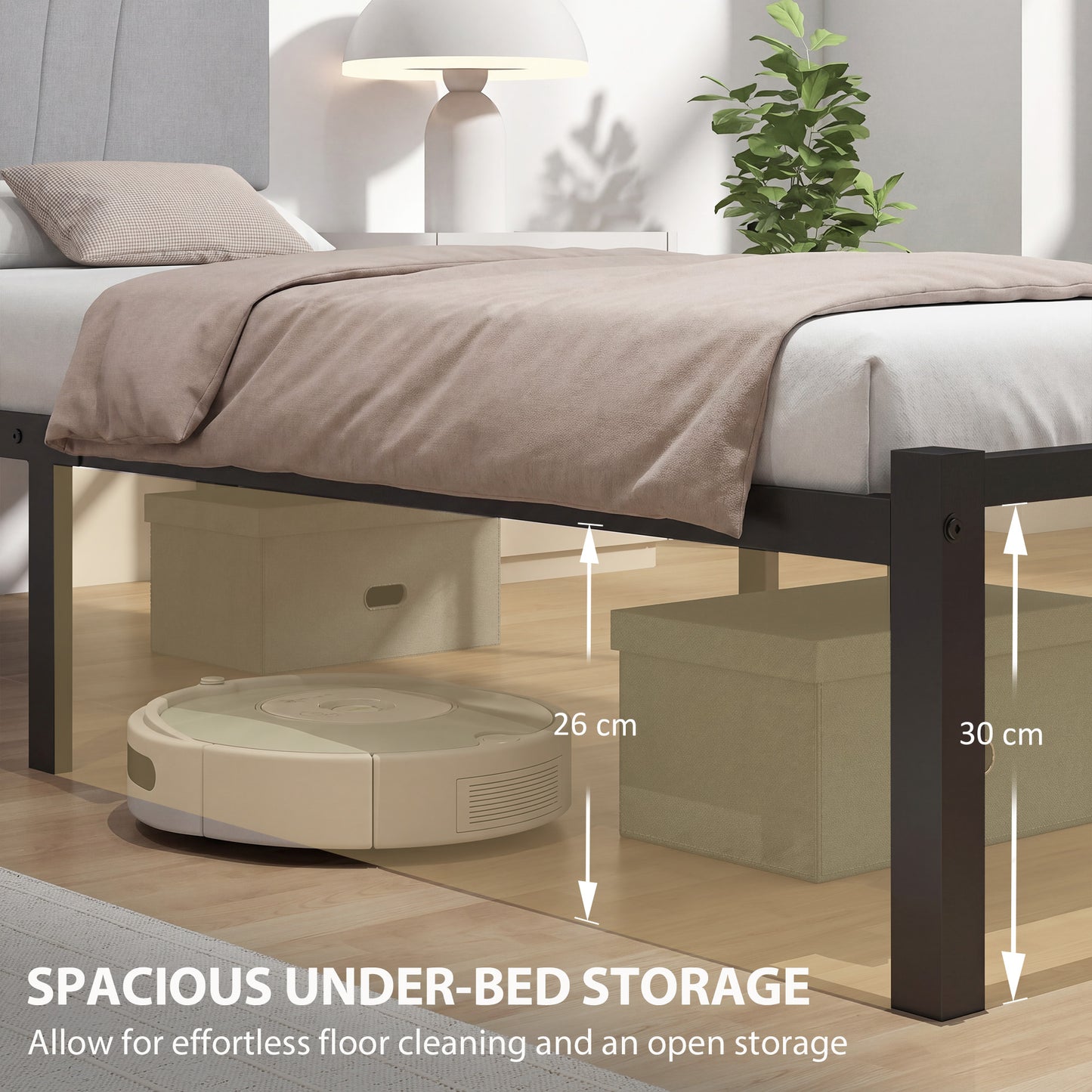 3FT Single Bed Frame with Upholstered Headboard and Underbed Storage, Black and Light Grey