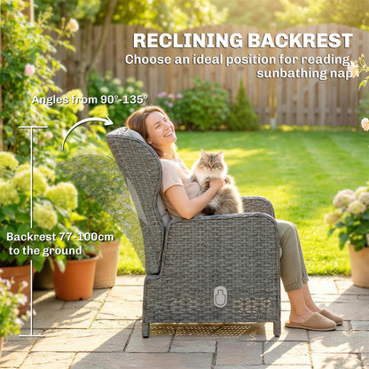Rattan Reclining Garden Chair Set of 2 with Footstool and Cushion for Balcony, Cream