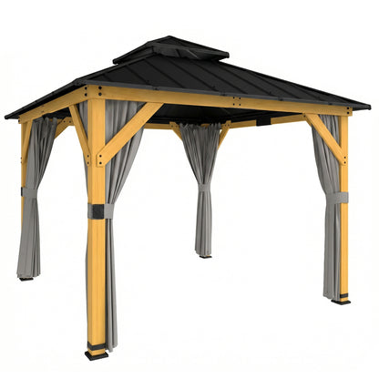3 x 3 m Outdoor Hardtop Gazebo Canopy with 2-Tier Steel Roof, Wood Garden Gazebo with Curtains, Grey