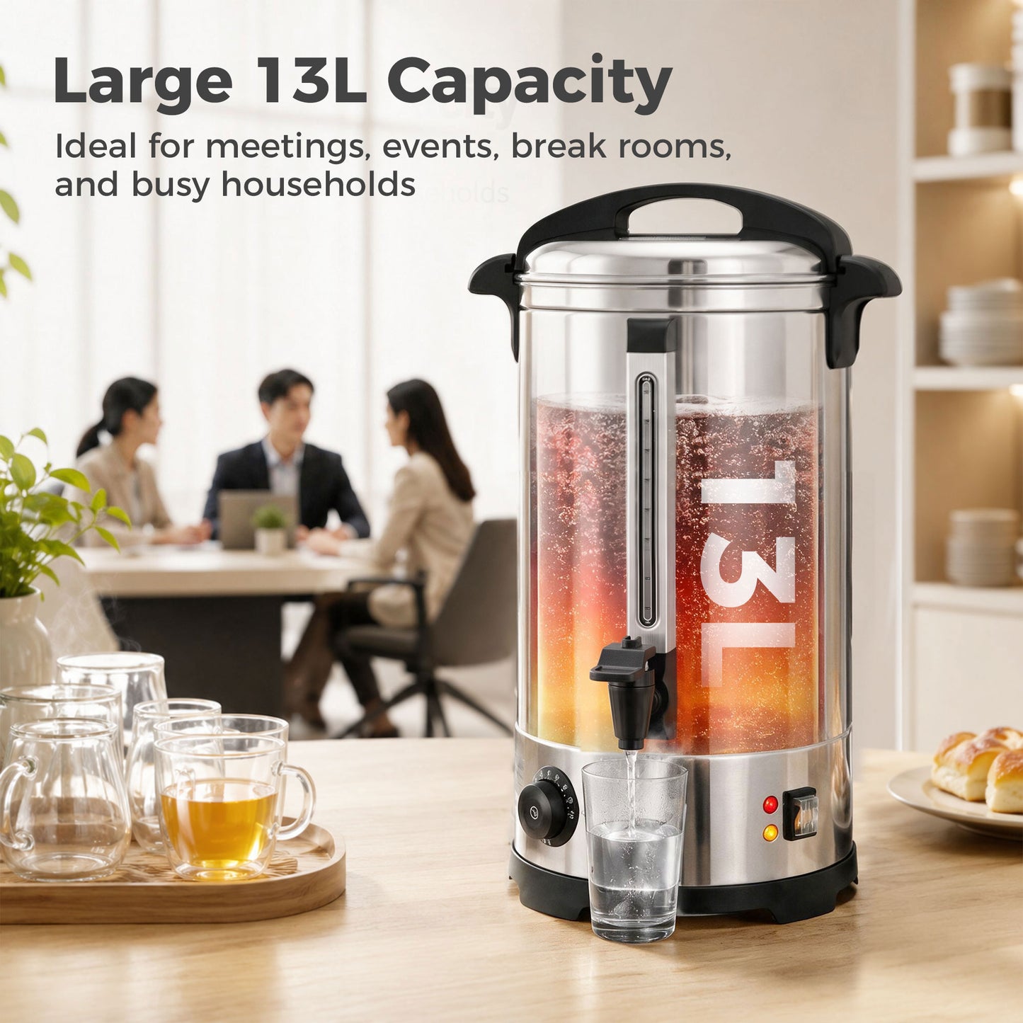 13L Catering Urn, 2500W Stainless Steel Hot Water Boiler Dispenser with Thermostat, Keep Warm Function and Easy Pour Tap