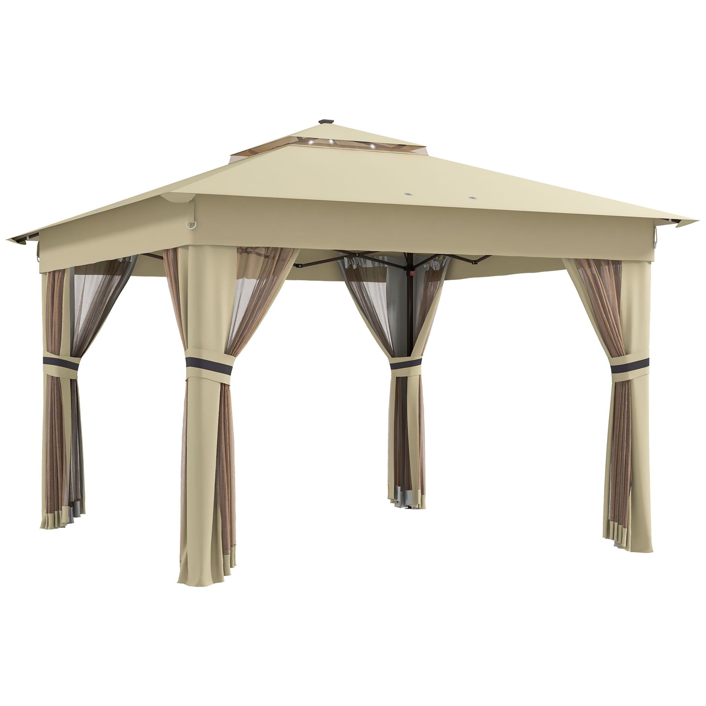 3.36 x 3.36m Pop Up Gazebo Party Tent with Solar-Powered LED Lights, Adjustable Event Shelter with Netting, Khaki