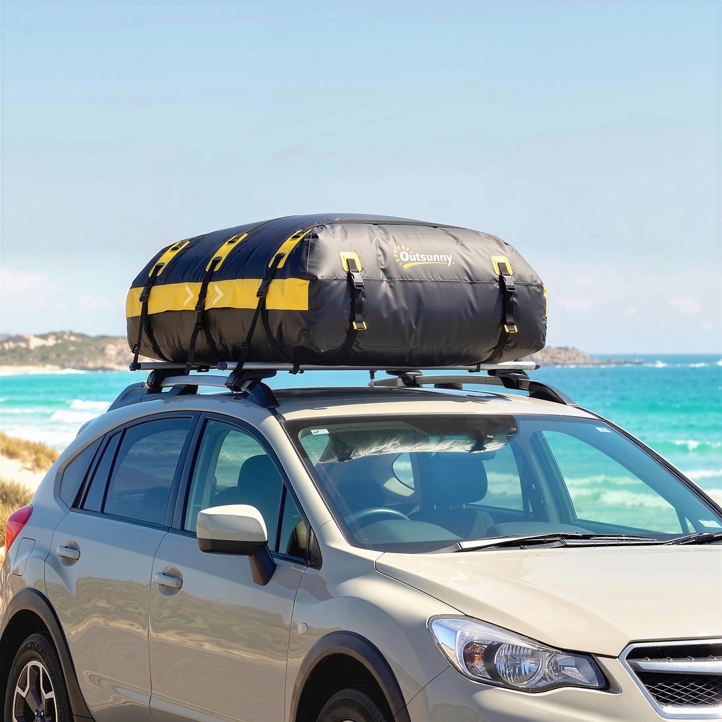 Car Roof Bag, 21 Cubic Feet Waterproof Soft Car Roof Box Roofing Cargo Carrier w/ Reflective Arrows, Door Hooks, Yellow