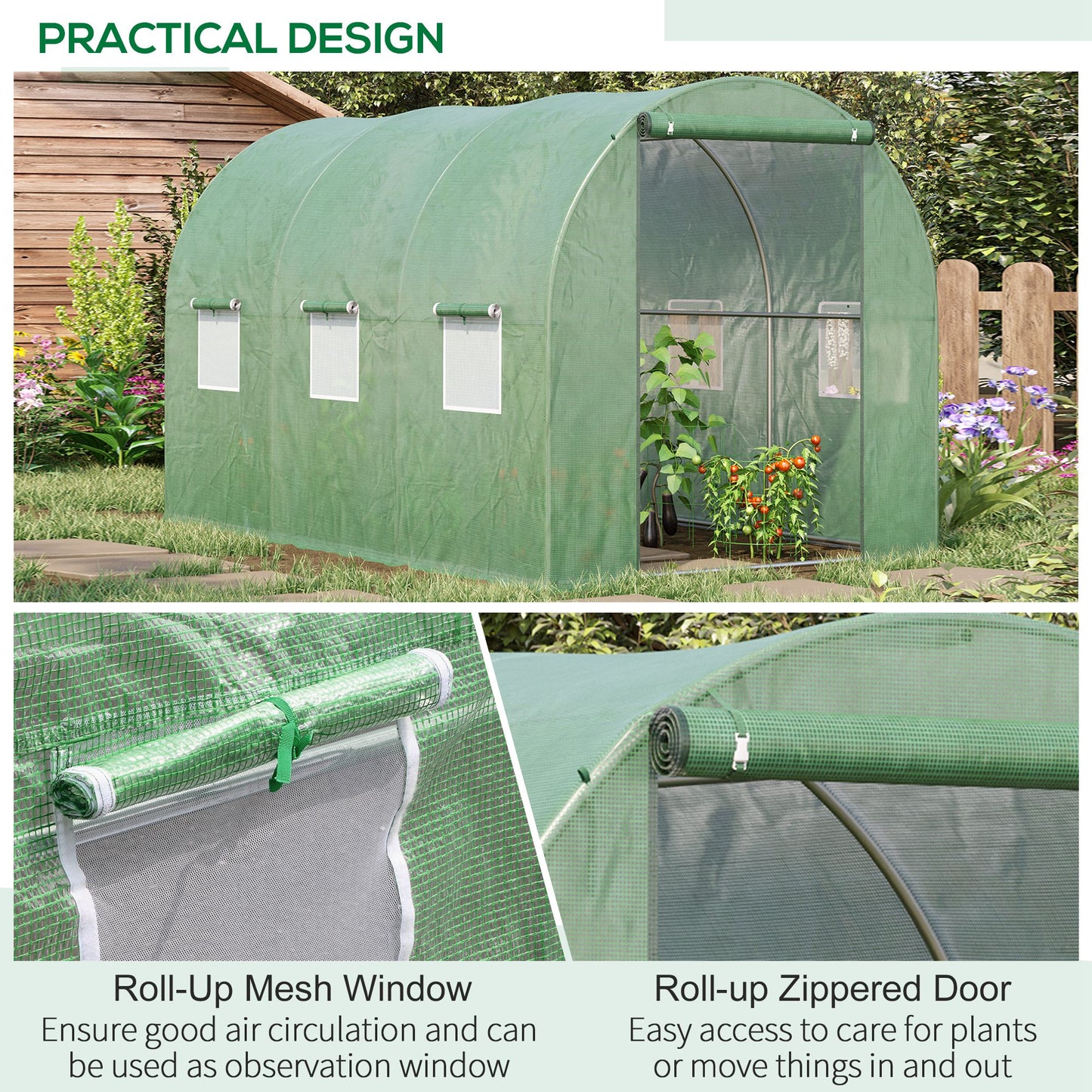 Walk-in Polytunnel Greenhouse, Outdoor Garden Tunnel Greenhouse Tent with Zipped Roll-Up Door and 6 Mesh Windows, 3 x 2M