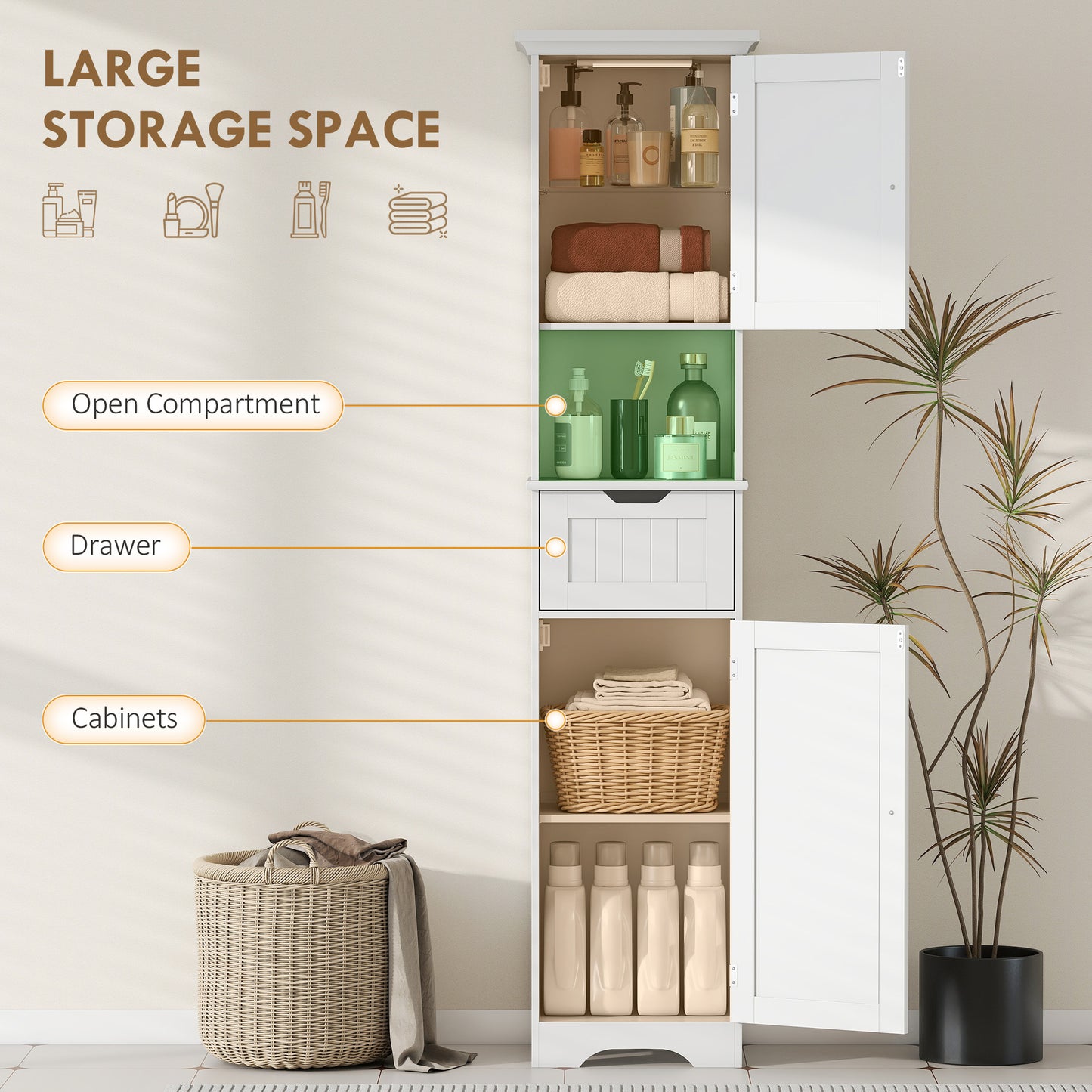 Slim Bathroom Storage Cabinet, with Sensor Lights - White