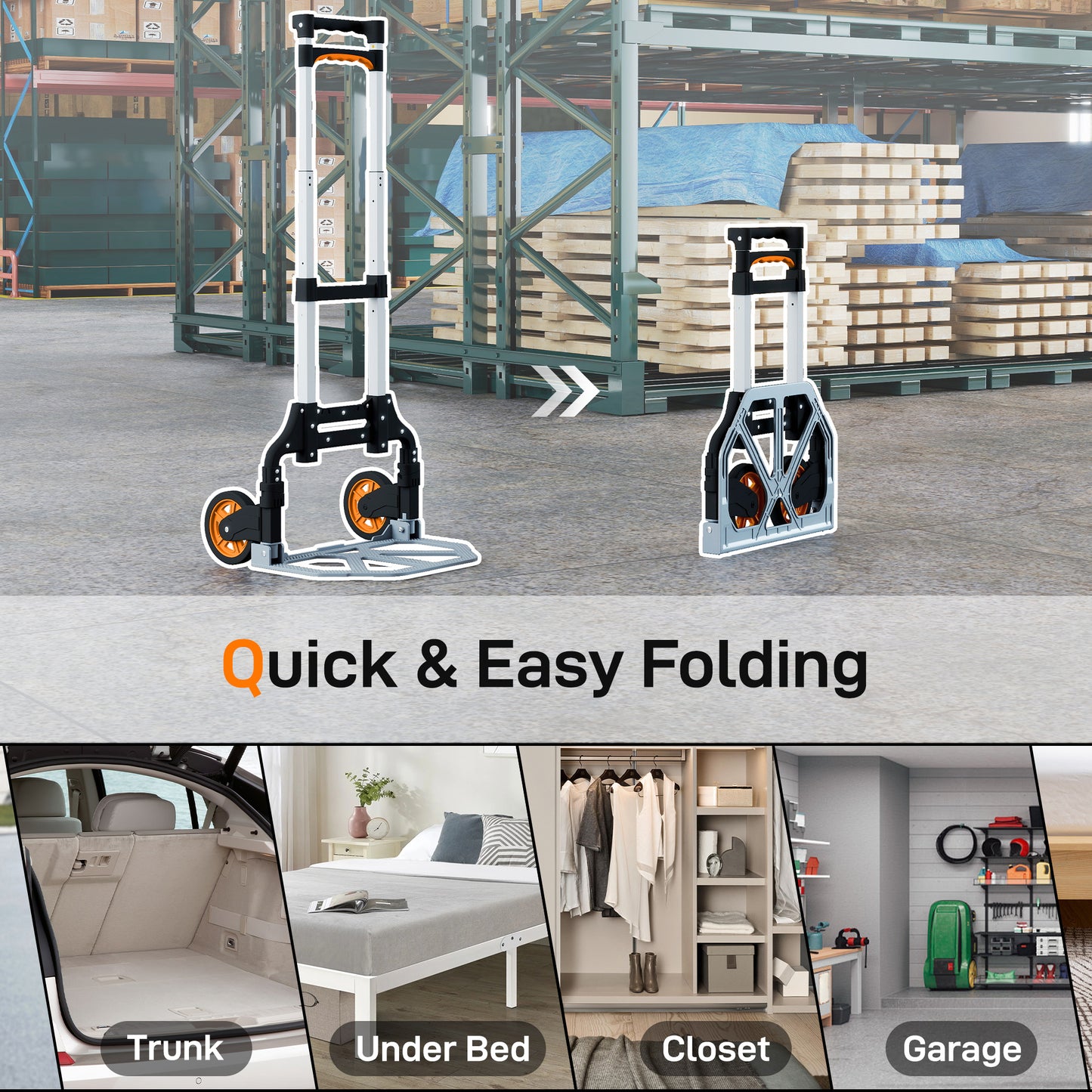 Folding Sack Truck, 70kg Lightweight Hand Truck with Wheels, Foldable Trolley Cart with Telescoping Handle for Warehouse
