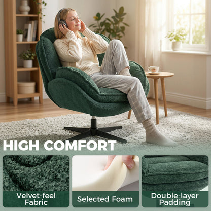 Modern Wingback Accent Chair, Velvet Armchair with Four-Star Base, S-Springs, Swivel, Dark Green