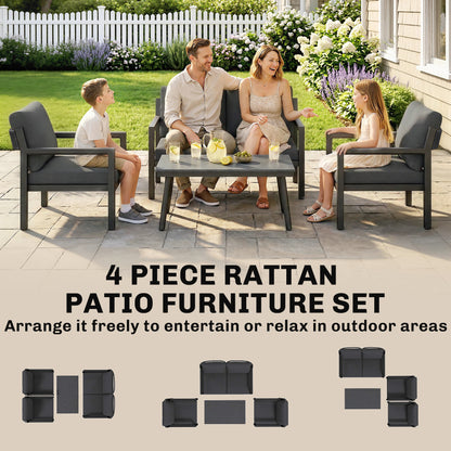 4 Seater Rattan Garden Furniture Set with 2 Armchairs, Loveseat, Coffee Table, Dark Grey
