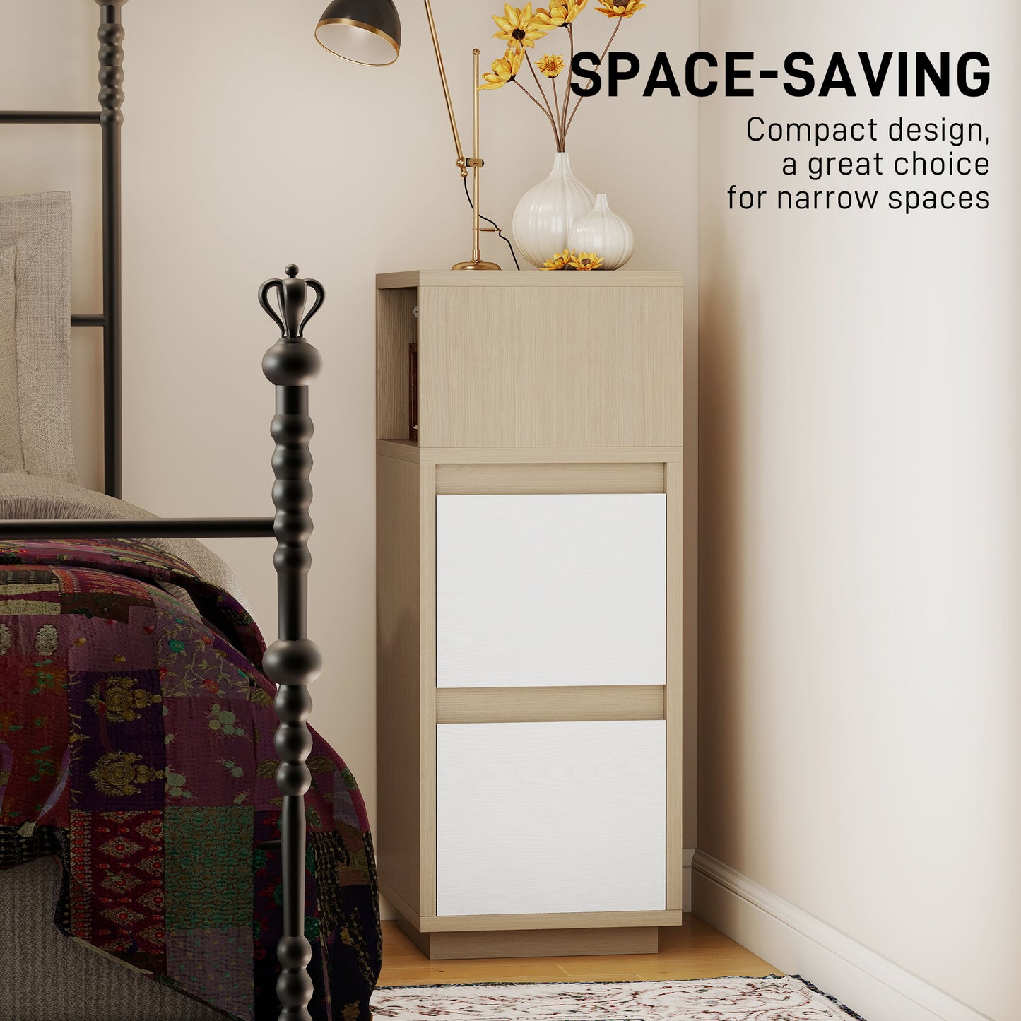 Slim Bedside Table, Narrow Bedside Cabinet with Open Shelf and 2 Drawers for Bedroom, Living Room, Natural Wood Finish