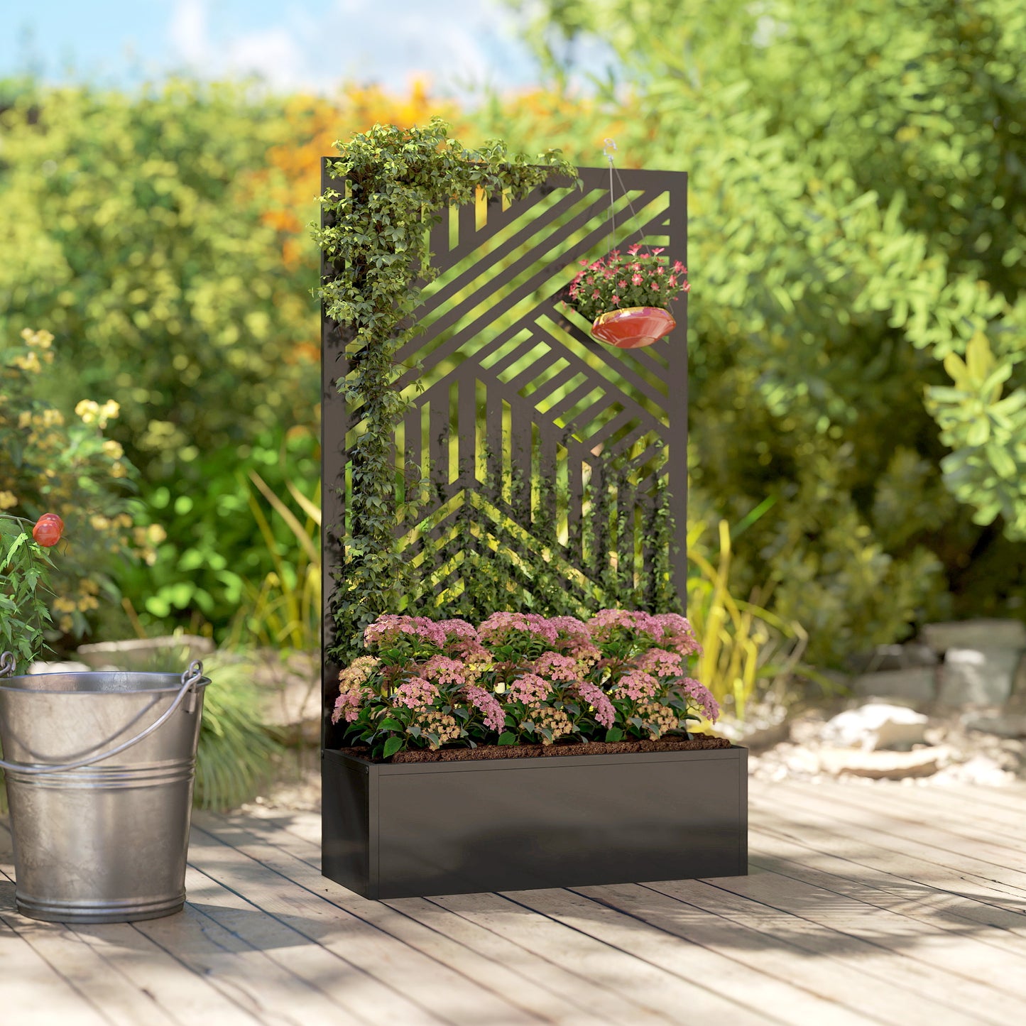 Metal Garden Bed for Garden with Trellis, Raised Garden Bed with Privacy Screen, Geometric Slatted Cut-Out