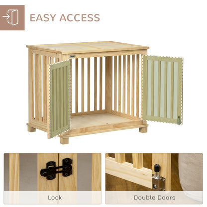 Wooden Dog Crate, with Double Doors, Cushion, for Medium Dogs - Natural Finish