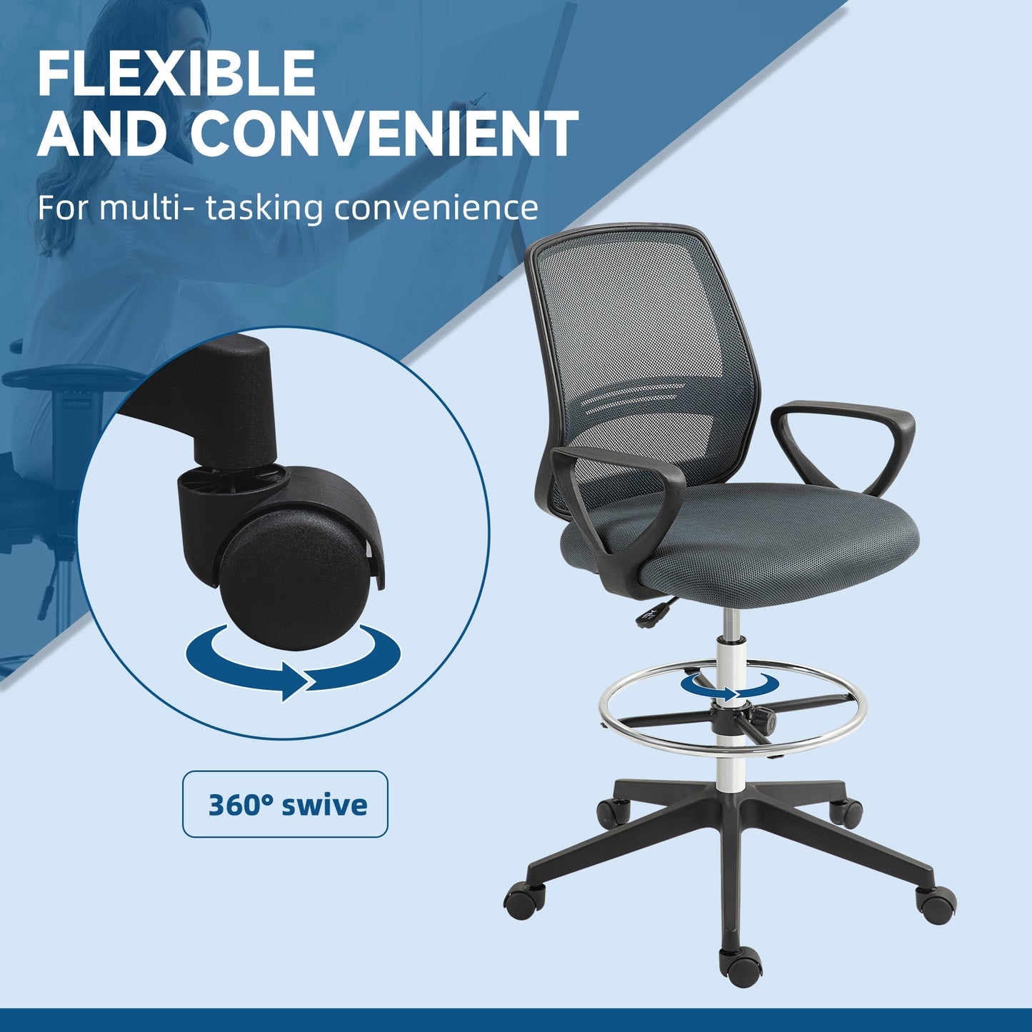 102.5-126cm Draughtsman Office Chair, with Footrest - Grey