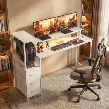 147cm Gaming Desk with Charging Station and Monitor Stand, Computer Table for Home Office with RGB Lights, White