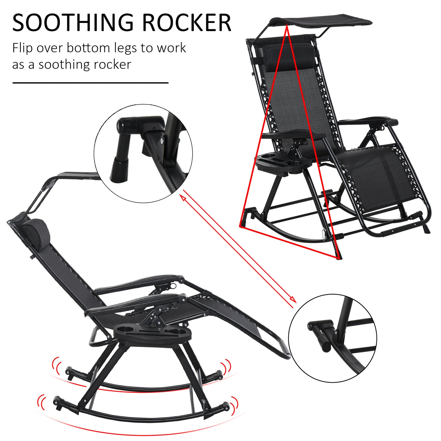 Garden Rocking Chair Folding Recliner Outdoor Adjustable Sun Lounger Rocker Zero-Gravity Seat with Headrest Side Holder Patio