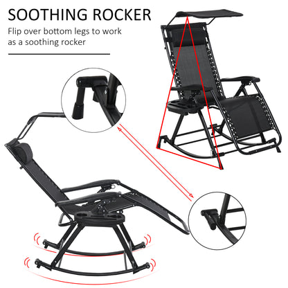 Garden Rocking Chair Folding Recliner Outdoor Adjustable Sun Lounger Rocker Zero-Gravity Seat with Headrest Side Holder Patio