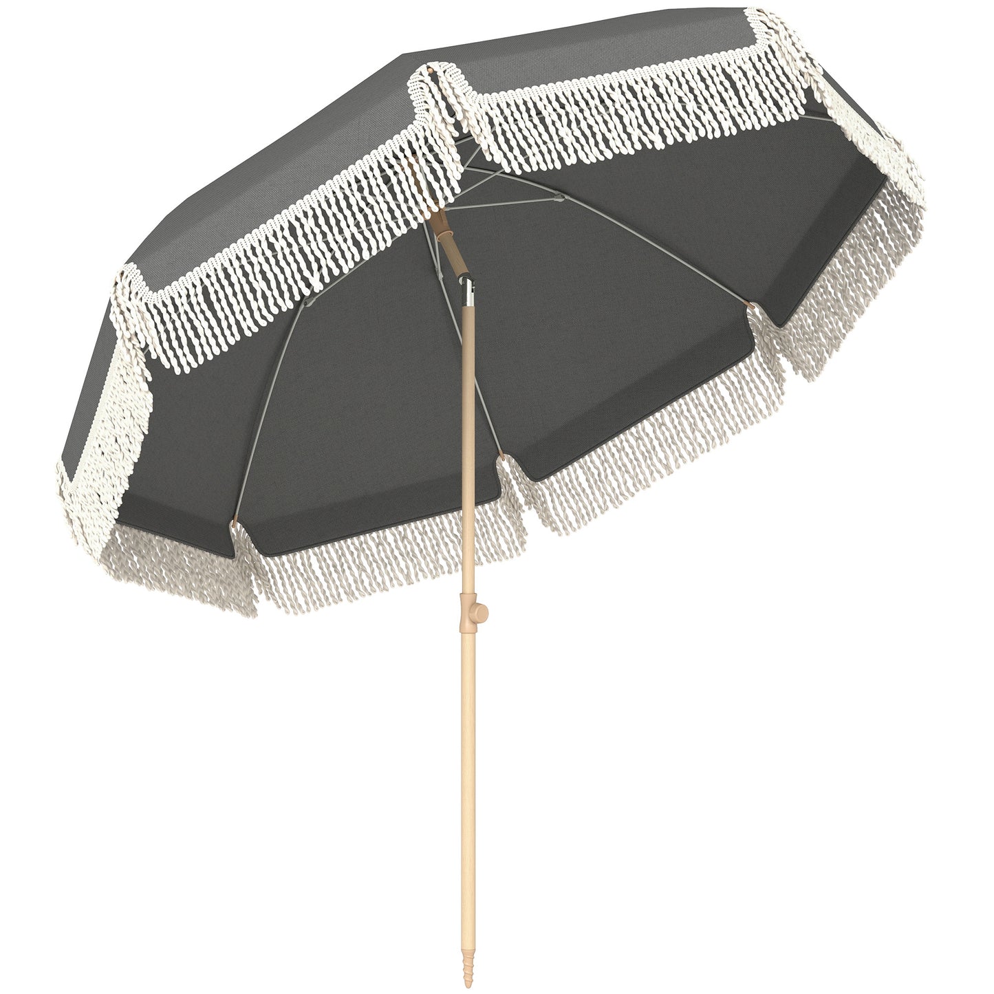 1.7 m Beach Umbrella with Sand Anchor, 30° Tilting Fringed Beach Garden Parasol with Adjustable Height, Grey