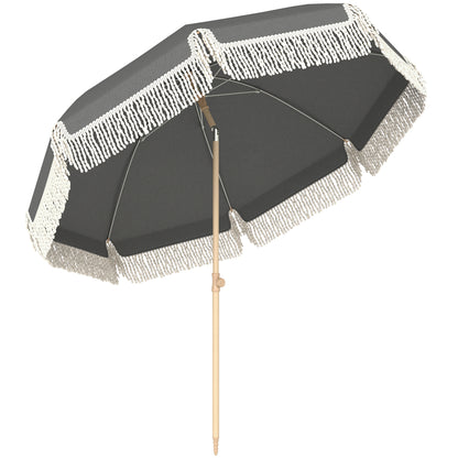 1.7 m Beach Umbrella with Sand Anchor, 30° Tilting Fringed Beach Garden Parasol with Adjustable Height, Grey