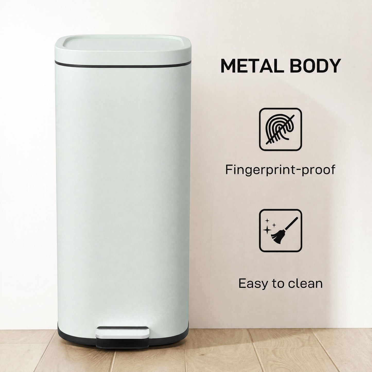 30L Kitchen Bin, Compact Pedal Bin with Soft-Close and Stay-Open Lid, Removable Bucket for Kitchen, Home, Office, Green