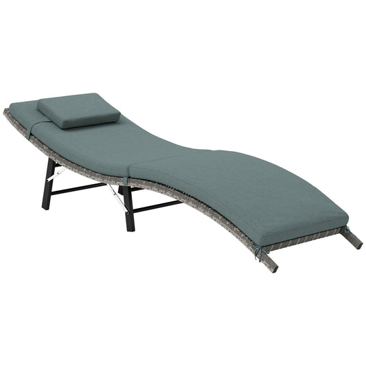 Rattan Folding Sun Lounger Outdoor Chair with Cushion and Pillow Mixed Grey