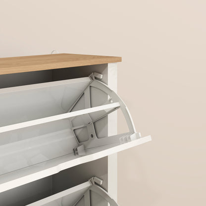 Slim Shoe Cabinet, Narrow Shoe Cupboard with 2 Flip Drawers, Adjustable Shelves for 12 Pairs of Shoes, High Gloss White