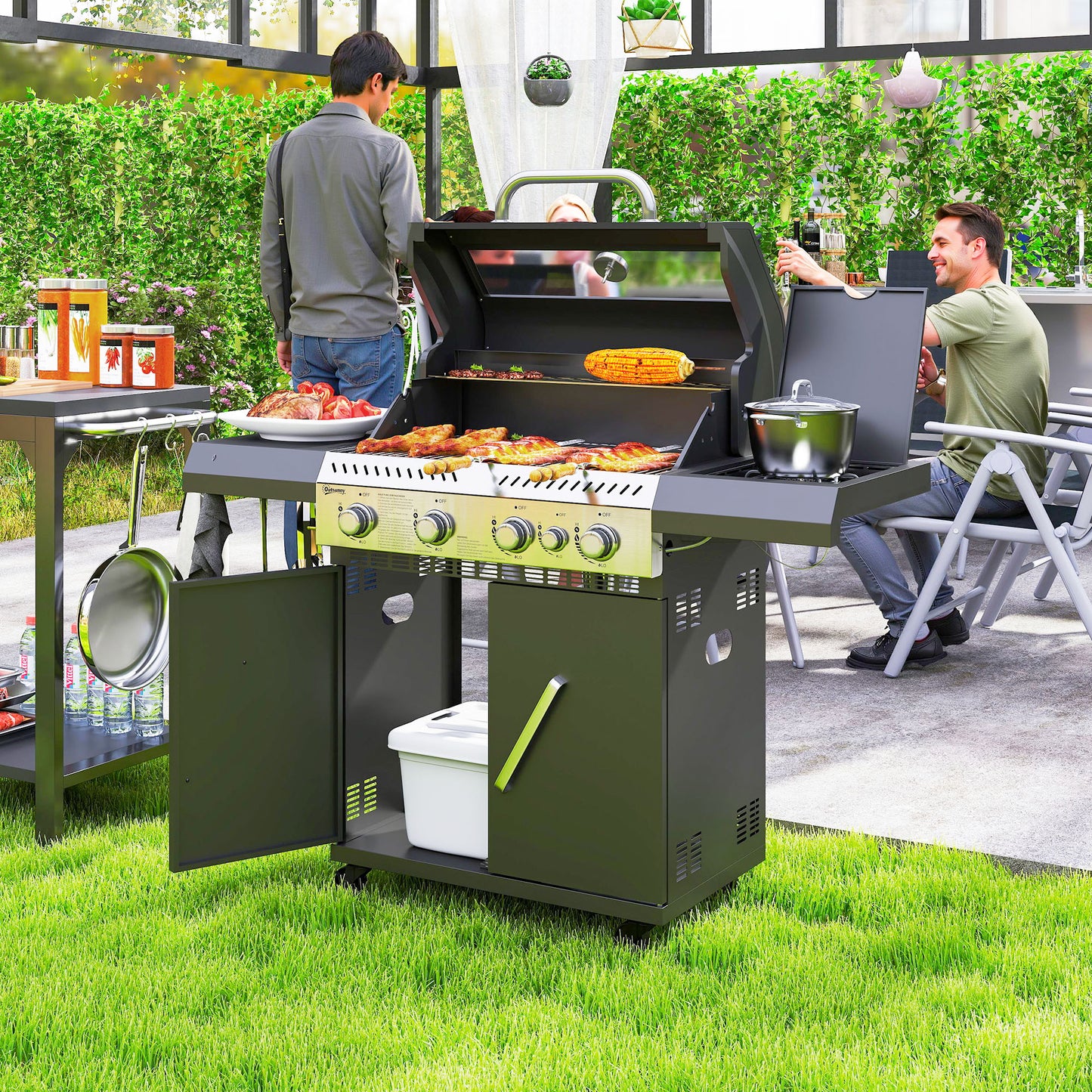 4+1 Burner Gas BBQ Grill with Clear View Lid, Portable Gas Barbecue Grill with Built-in Thermometer, Side Table, Cabinet