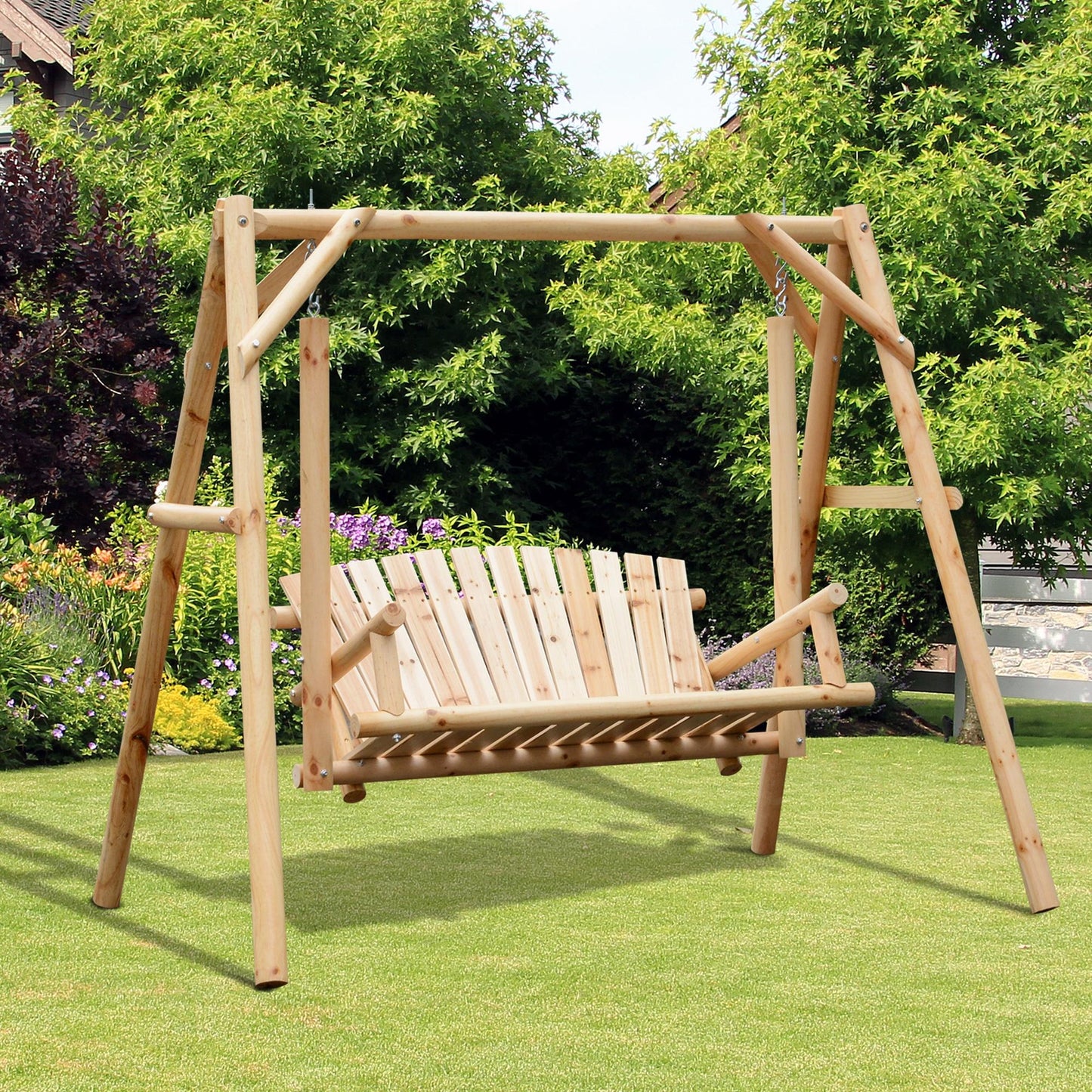 2 Seater Wooden Garden Swing Chair, Larch Wood Porch Swing Seat Bench Lounger for Outdoor Patio Garden, 300kg Capacity