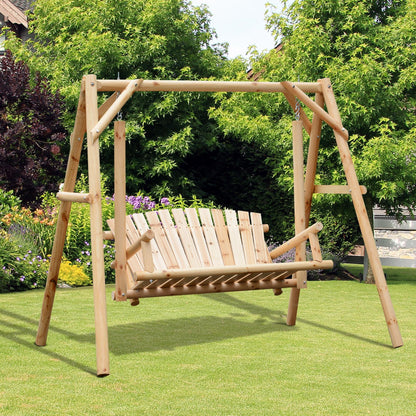 2 Seater Wooden Garden Swing Chair, Larch Wood Porch Swing Seat Bench Lounger for Outdoor Patio Garden, 300kg Capacity