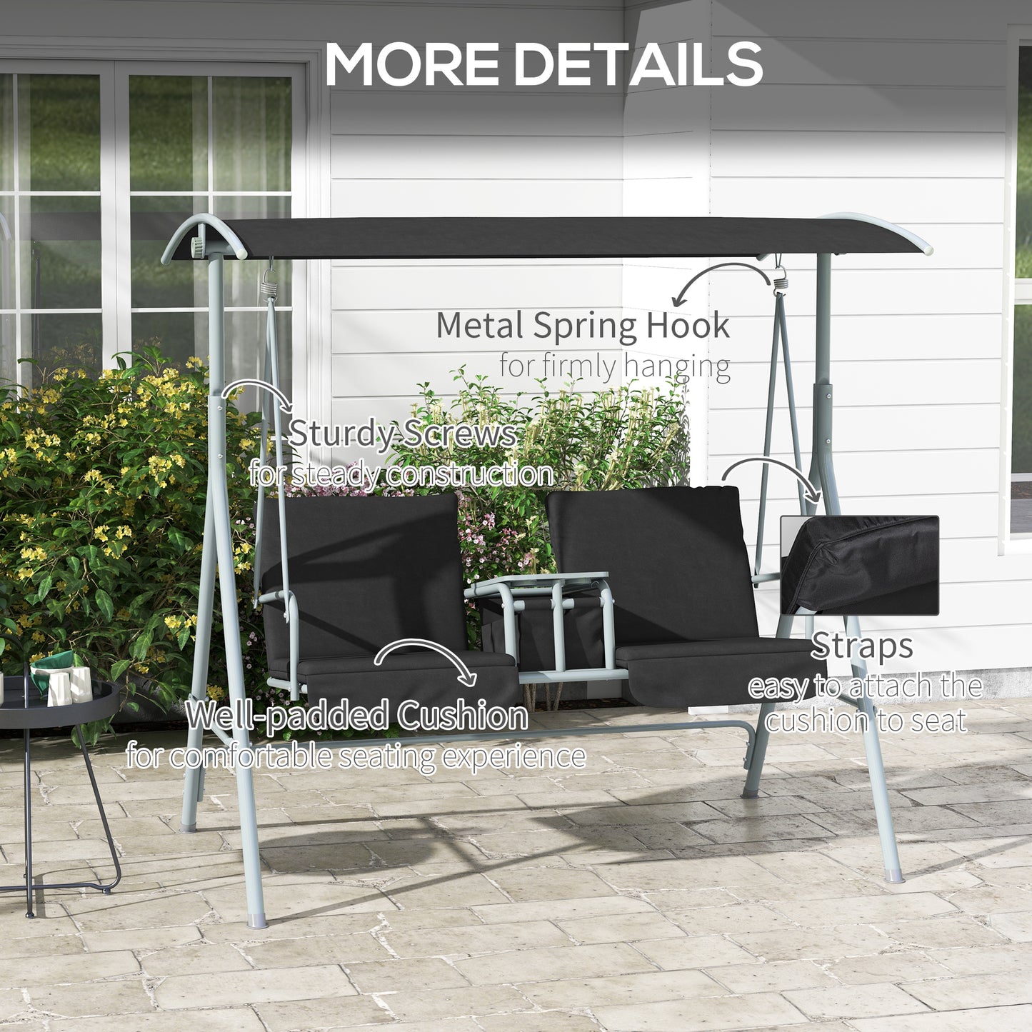 2 Seater Garden Swing Chair, Patio Swing Seat w/ Tilting Canopy, Double Padded Seats