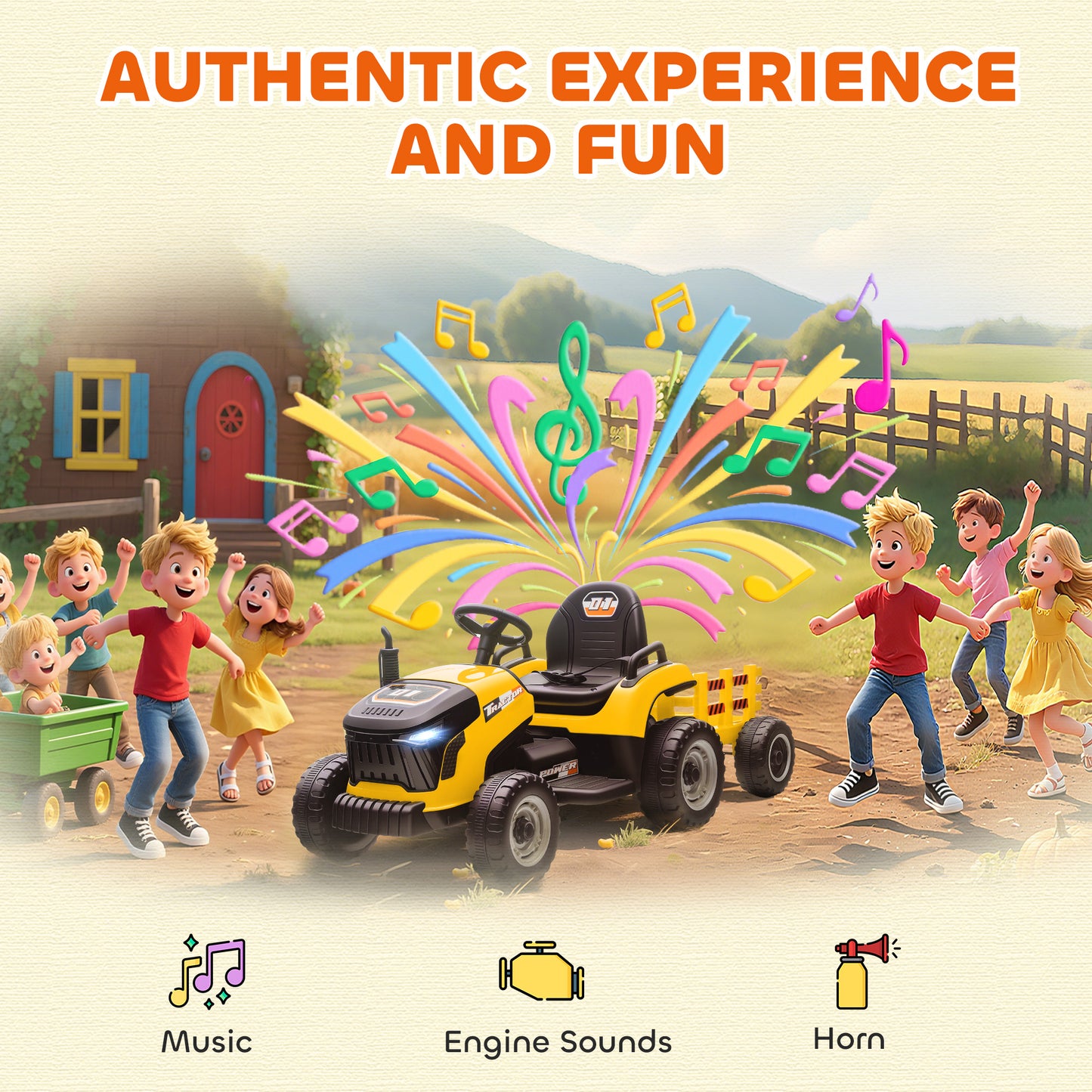 12V Ride on Tractor and Trailer with Remote Control, Music, Shifter, Start-Up Sound, for Kids Ages 3-8 Years, Yellow