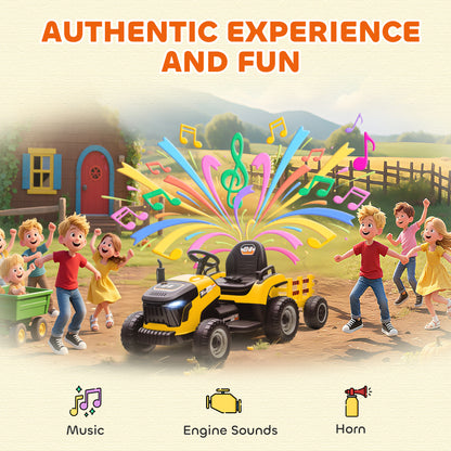 12V Ride on Tractor and Trailer with Remote Control, Music, Shifter, Start-Up Sound, for Kids Ages 3-8 Years, Yellow