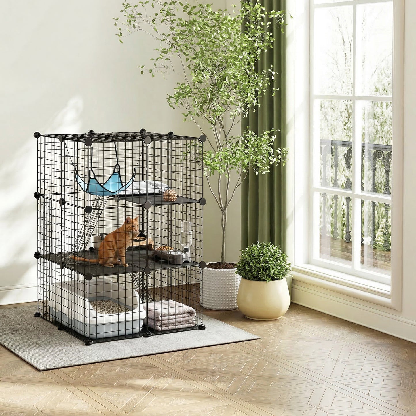 Indoor Cat Cage DIY Customizable 3-Tier Indoor Cat Enclosure with 3 Doors and Hammock 105 cm Black
