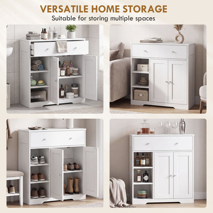 Bathroom Floor Cabinet, Freestanding Bathroom Cabinet with Drawer, Door, Open Shelves, White