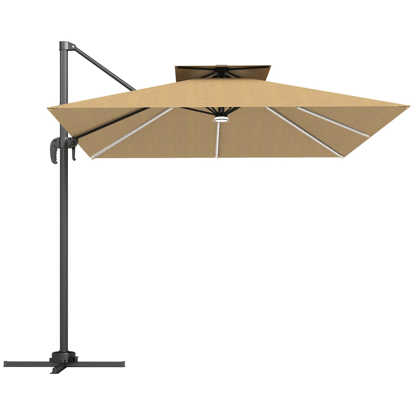 2.5m Cantilever Parasol with Solar Powered LED Lights, 360° Rotation, Tilt Adjustment, Crank Handle, Khaki