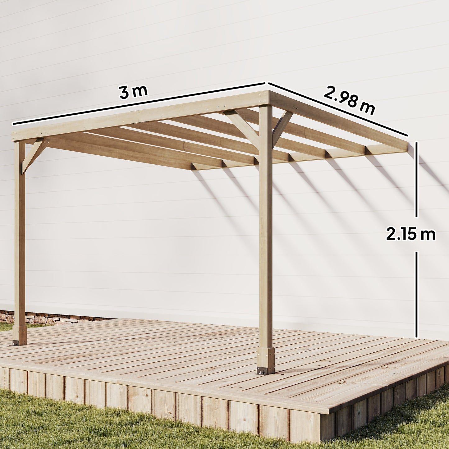 Lean-To Wooden Pergola Kit, Decorative Garden Gazebo with Stable Structure and Concrete Anchors, 3 x 3 m, Light Brown