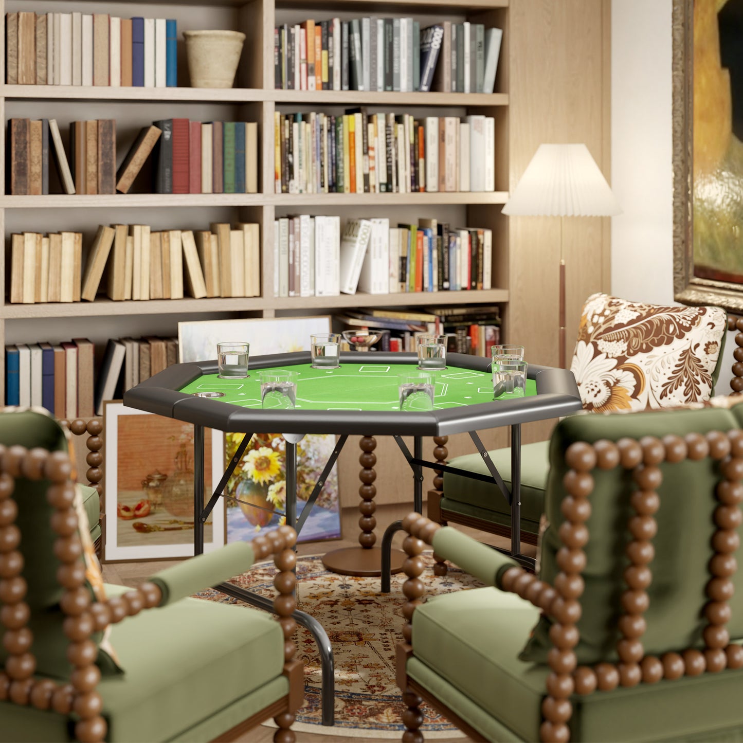 8 Player Folding Poker Table, Portable Octagon Blackjack Table with Cup Holders, Padded Edge, Green