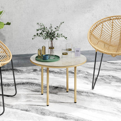Round Coffee Table, Modern End Side Table with Faux Marble Tempered Glass Top, Steel Frame for Living Room, Bedroom, Office
