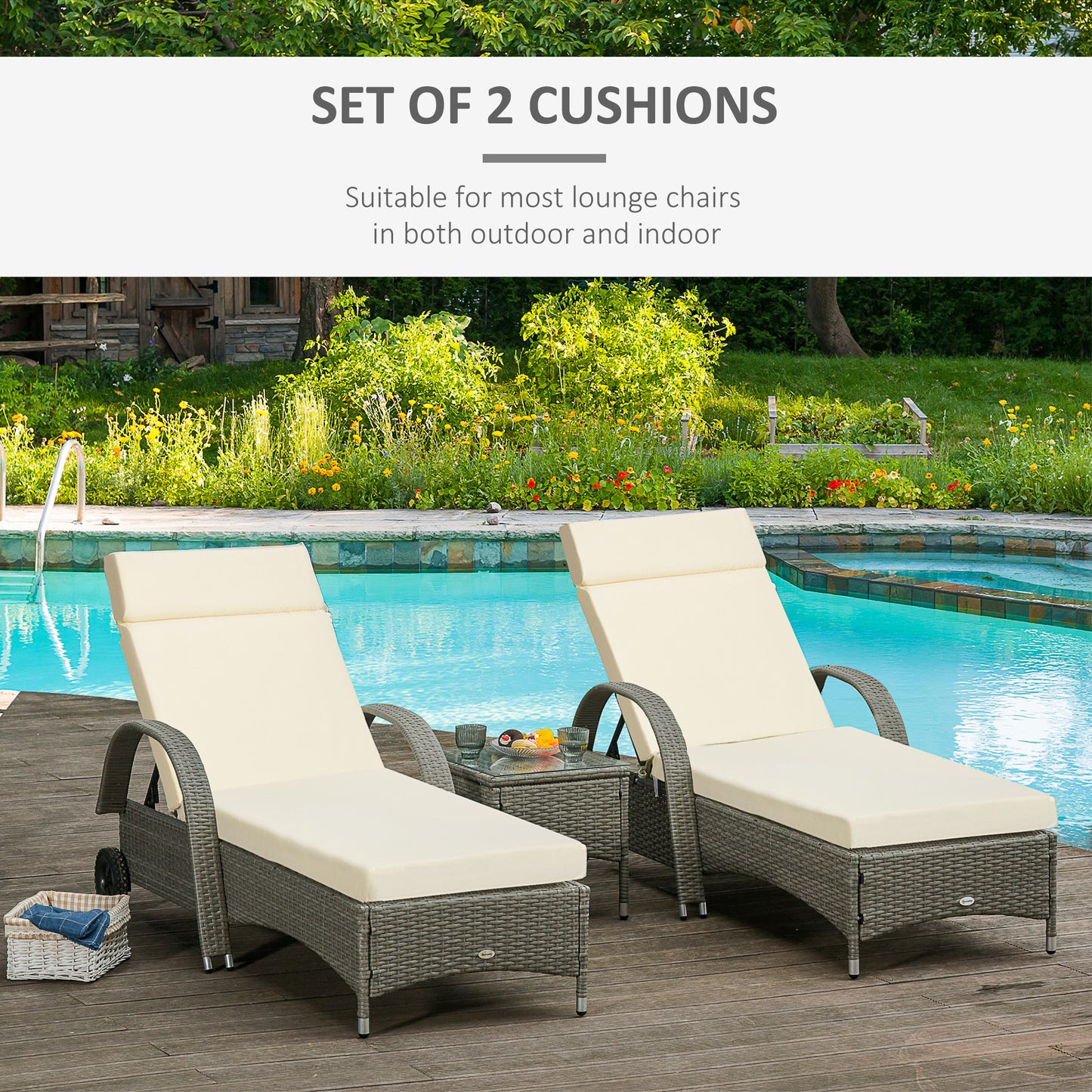 Set of 2 Sun Lounger Cushions, Replacement Cushions for Rattan Furniture with Ties, 196 x 55 cm, Cushion ONLY, Cream White