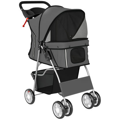 Dog Pram, Pet Stroller with Reflective Strips, Foldable Cat Stroller with 360° Swivel Wheels, Dark Grey