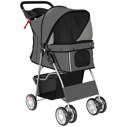 Dog Pram, Pet Stroller with Reflective Strips, Foldable Cat Stroller with 360° Swivel Wheels, Dark Grey