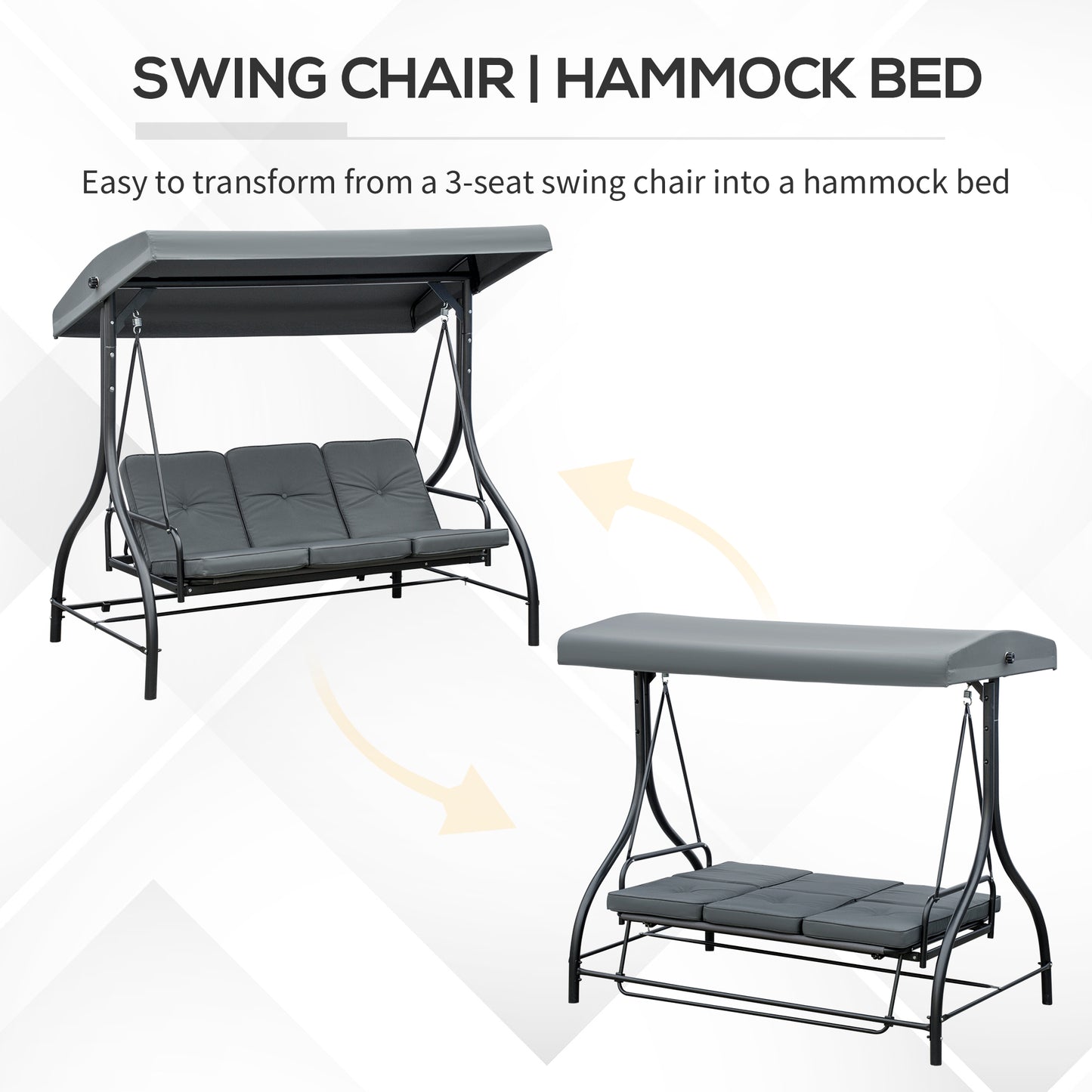 3 Seater Garden Swing Chair, 2 in 1 Convertible Patio Swing Seat Bed with Adjustable Canopy, Cushions and Metal Frame