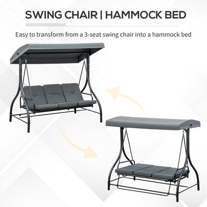 3 Seater Garden Swing Chair, 2 in 1 Convertible Patio Swing Seat Bed with Adjustable Canopy, Cushions and Metal Frame