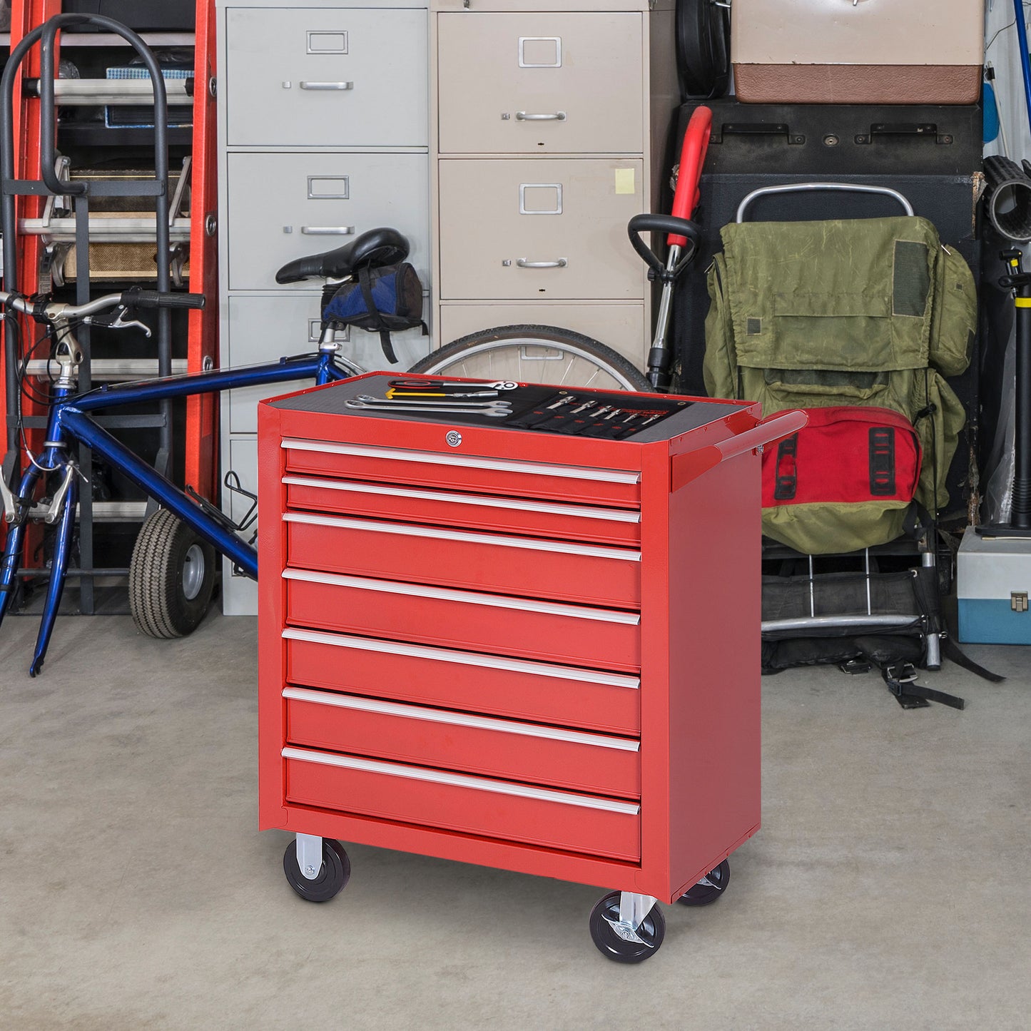 7-Drawer Tool Box on Wheels Tool Cabinet 150 Load with Lockable Swivel Castors, Red