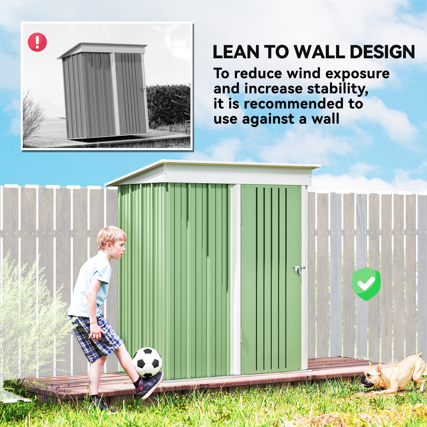 Metal Garden Shed, Outdoor Lean-to Shed for Tool Motor Bike, with Adjustable Shelf, Lock, Gloves, 5'x3'x6', Green