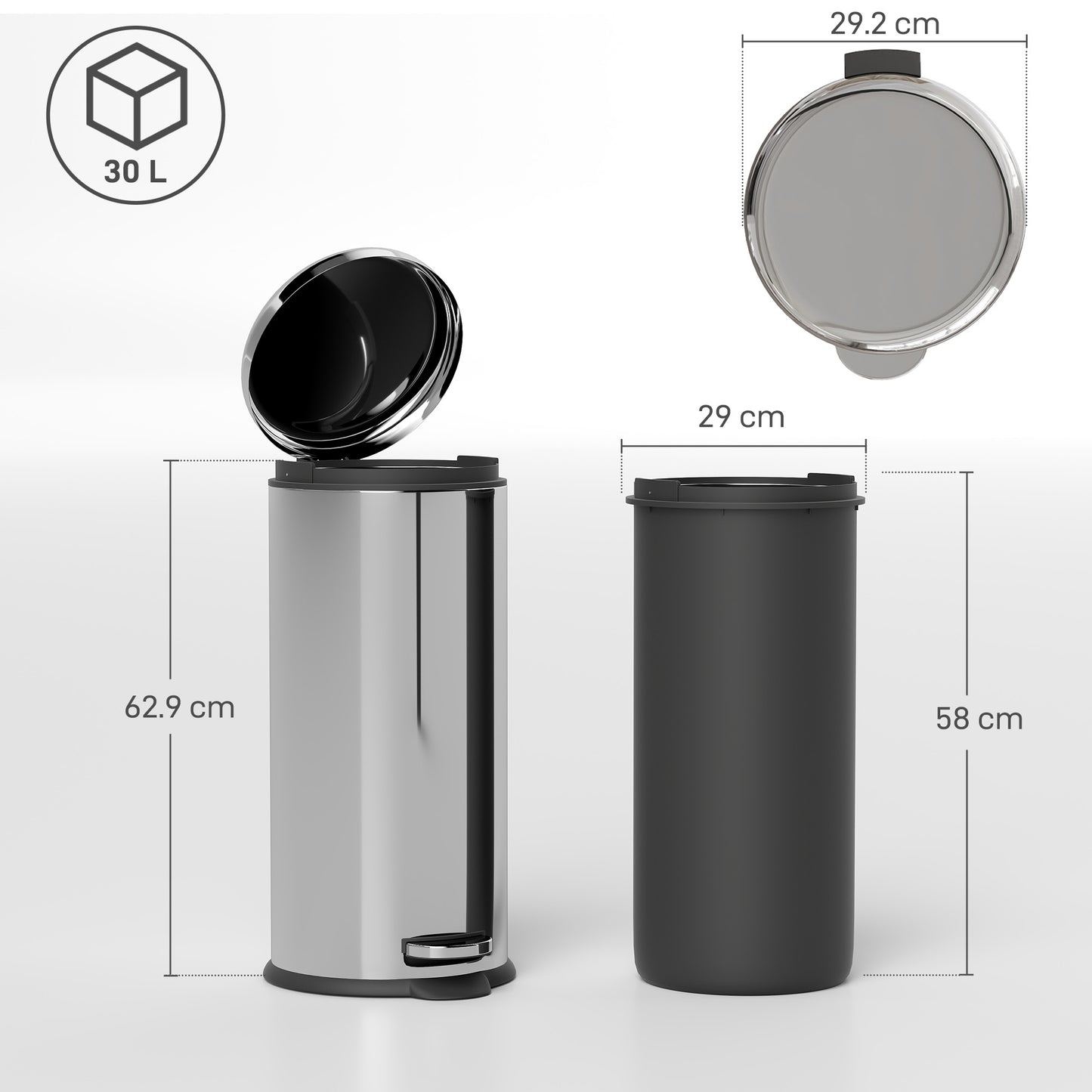 Foot Pedal Bin Stainless Steel Metal Waste Rubbish Lid Kitchen Garbage 30L Silver