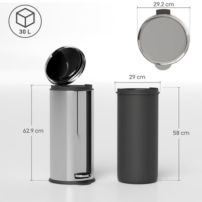 Foot Pedal Bin Stainless Steel Metal Waste Rubbish Lid Kitchen Garbage 30L Silver