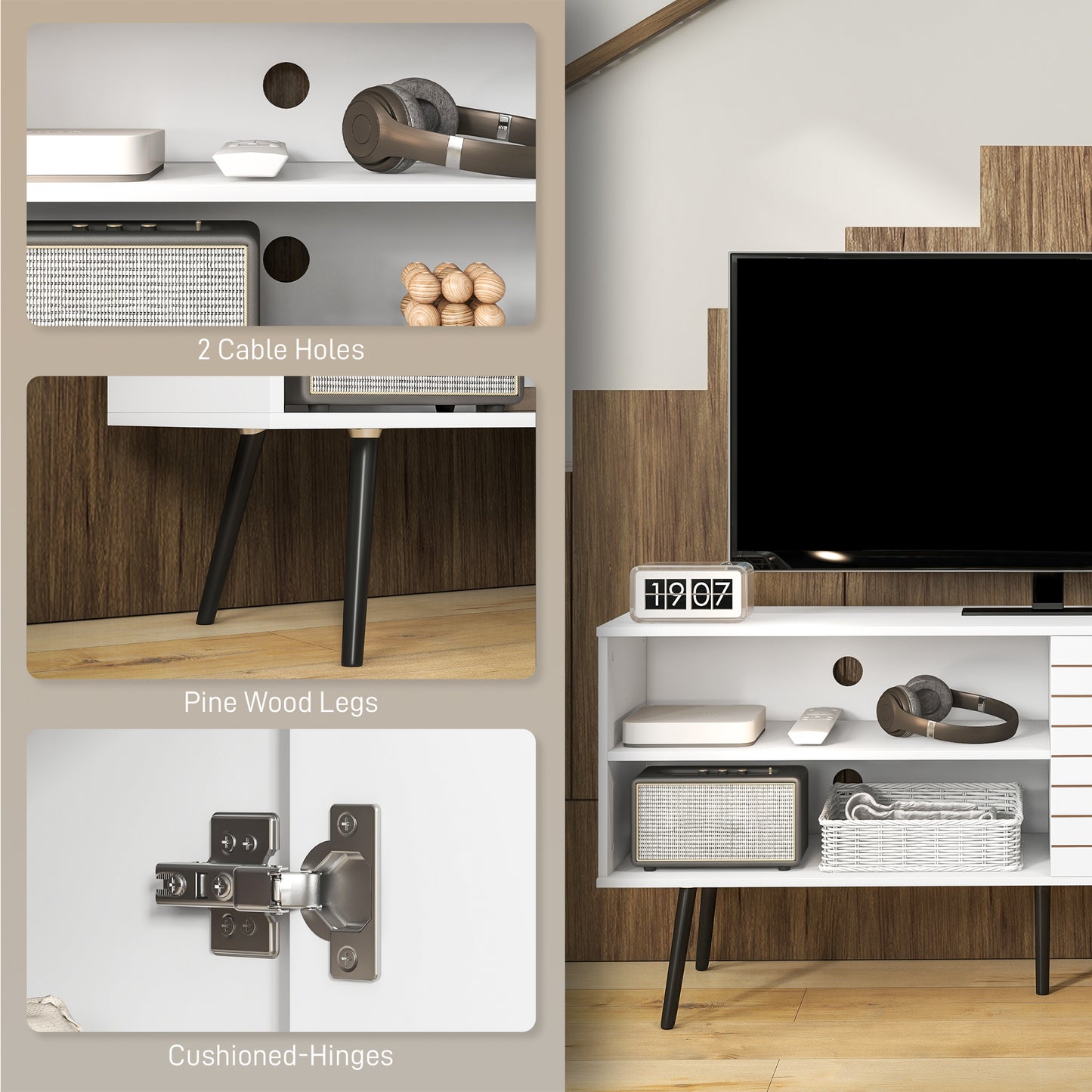 TV Stand with Cupboard, Open Shelves, Striped Doors, Wooden legs, White