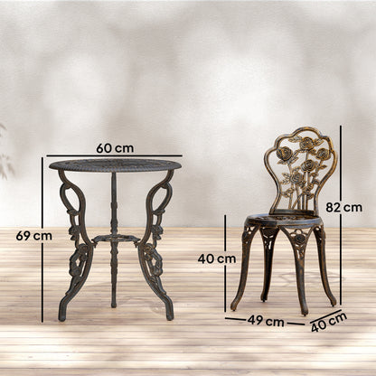 Outdoor Bistro Set Vintage Rose Design Patio Furniture Set with Round Table and 2 Chairs Metallic Finish