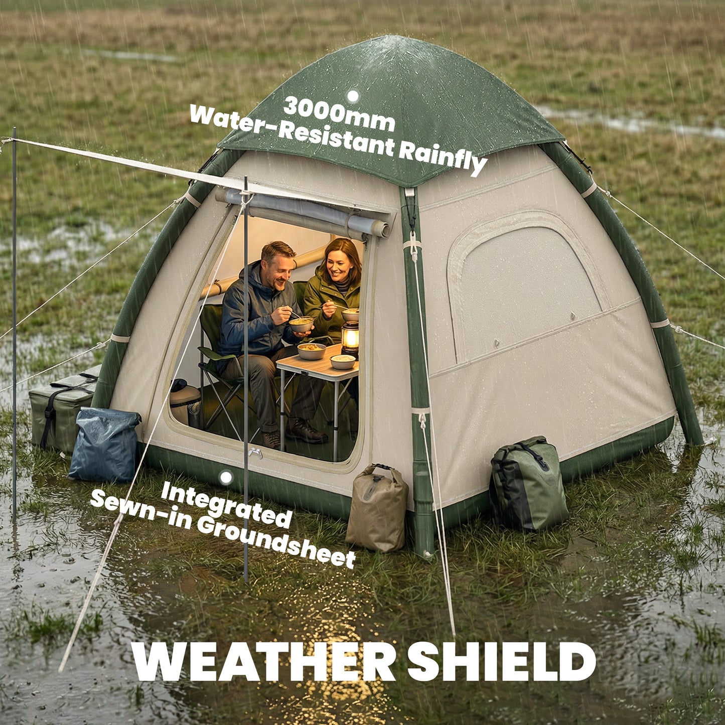 Inflatable Camping Tent with Rainfly, 3 Man Air Tent 3000mm Waterproof Blow Up Tents, Beige