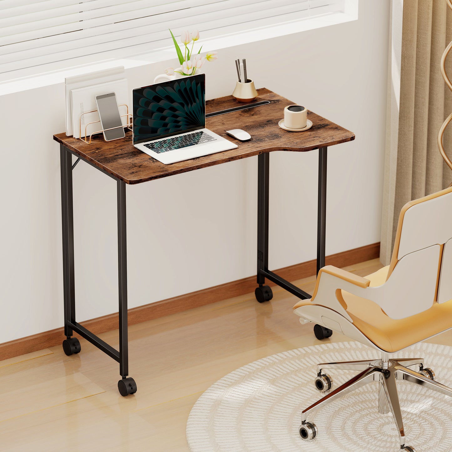 Folding Small Desk on Wheels - Rustic Brown