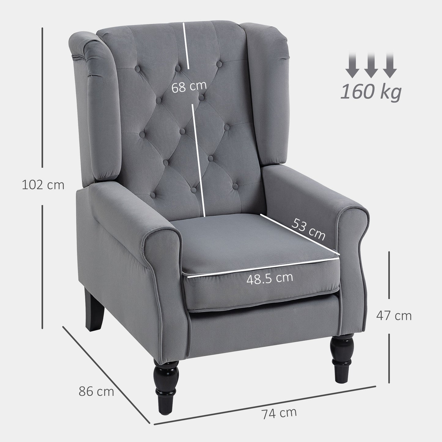 Wingback Accent Chair, Retro Upholstered Button Tufted Occasional Chair for Living Room and Bedroom, Light Grey